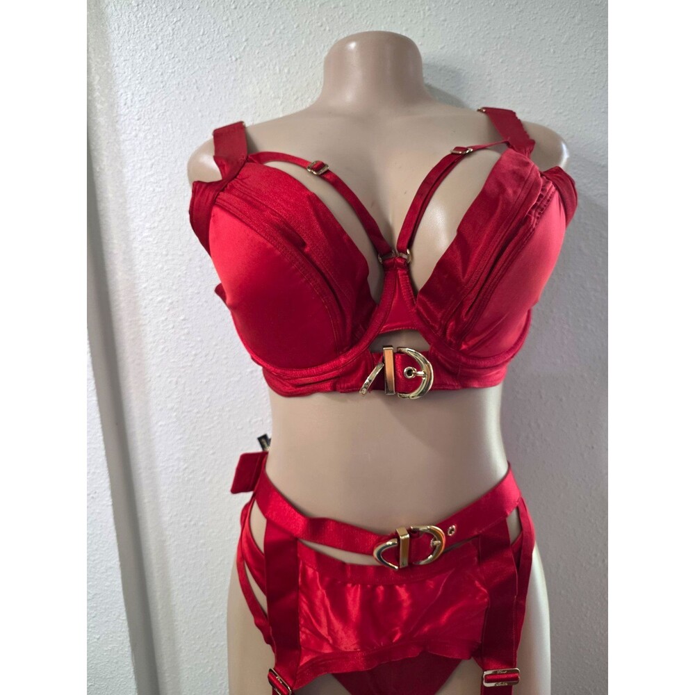 Honey Birdette Red Satin Push Up Bra Set Underwired Buckle Accents 34DD